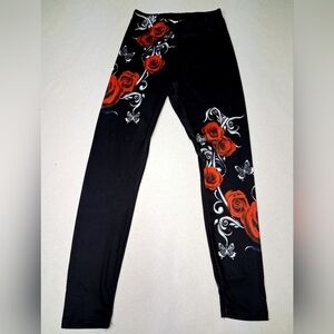Black Leggings with Red Rose and Butterfly Design